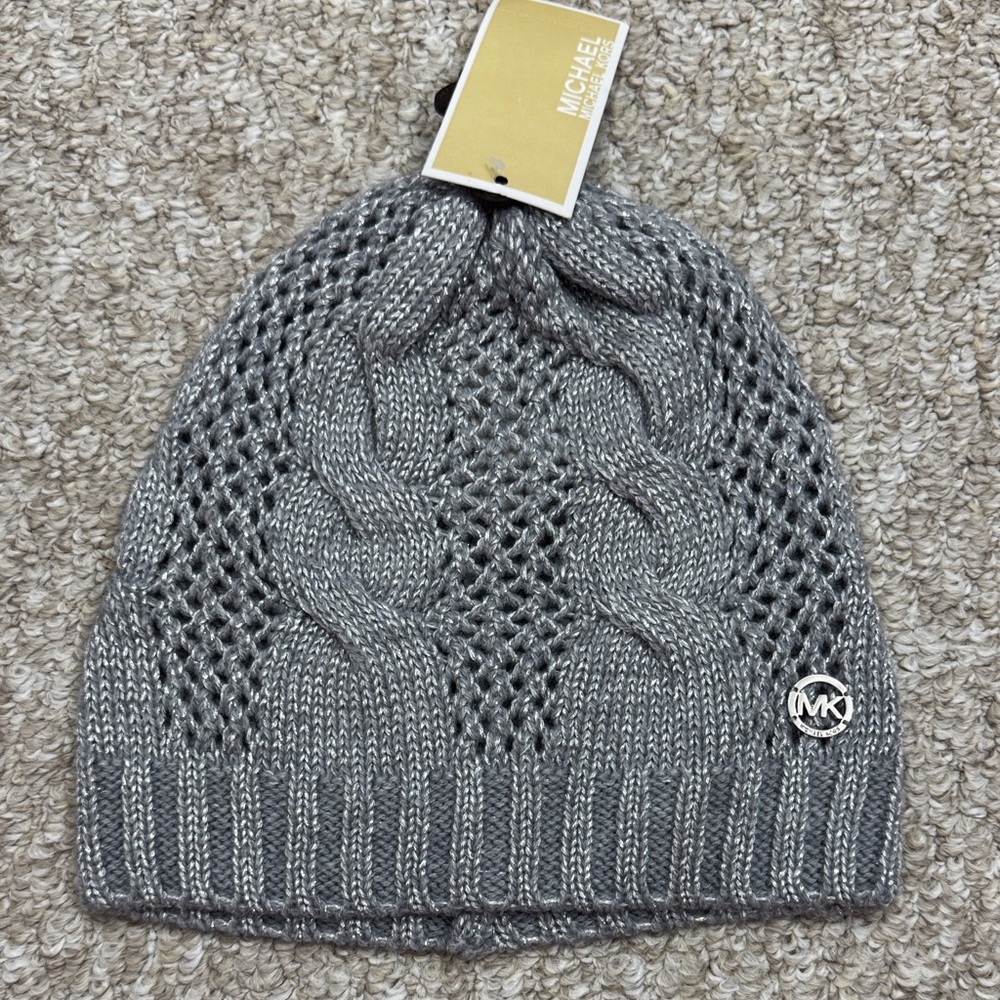 Michael Kors Silver Metallic Cable Knit Beanie